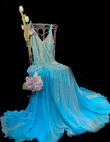 Niulatu V-neck Sheath Blue Long Prom Dresses Chiffon Beaded Blue Long Formal Dresses HZ1026